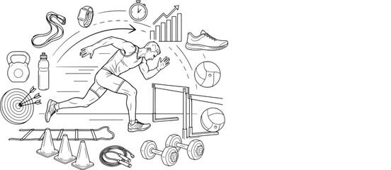 Fototapeta premium Hand drawn sport and fitness concept illustration featuring an athlete running with gym equipment and icons