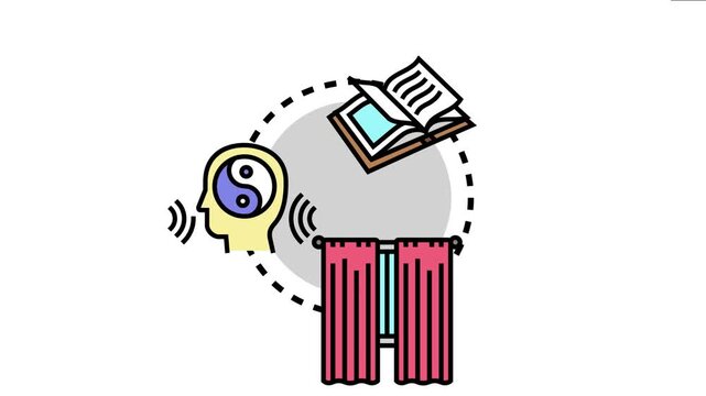 Illustration depicting the elements of calm meditation. Showing a mind achieving balance with a yin yang symbol. Surrounded by an open book and a window with curtains