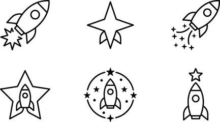 Fototapeta premium Minimalist rocket ship icon set, 6 black line space shuttle vectors, modern startup launch symbols for web design