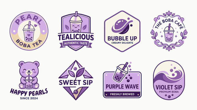 Purple bubble tea and boba cafe logo collection.