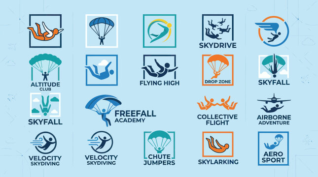 Skydiving and parachute extreme sports logo icon set.