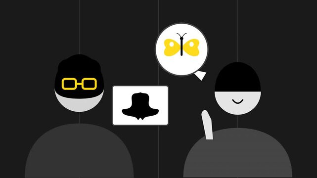 job interview with interviewer colored cartoon high contrast golden style rorschach test applicant seeing butterfly hd