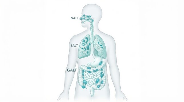 Anatomical illustration showing the lymphatic system with lymph nodes, vessels, and immune drainage in the human body during medical analysis.