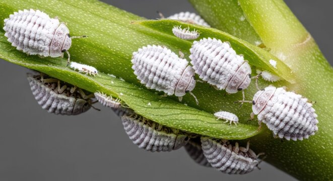 Close-up of mealybugs on plant stem and leaf, bug infestation