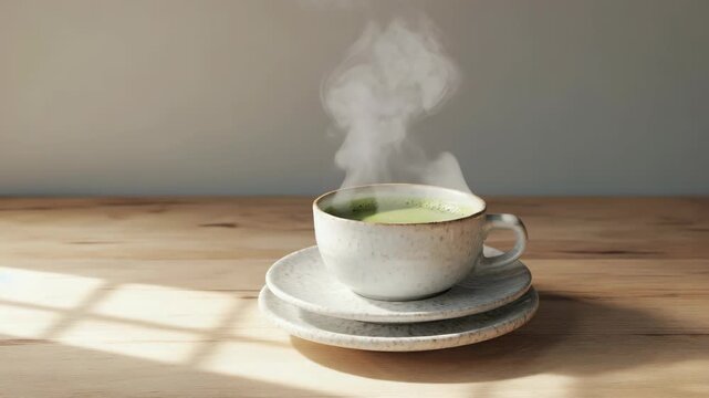 A cup of hot tea with steam rising off it. The tea is sitting on a wooden table.