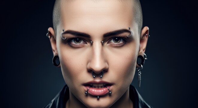 Close-up of a woman with many piercings and a shaved head