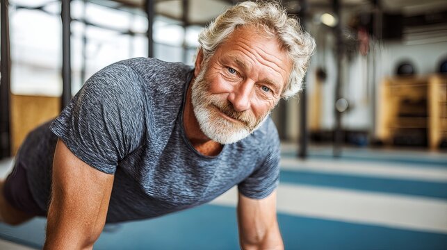 Senior man with grey hair and beard performing intense plank exercise while smiling at camera inside modern bright fitness gym