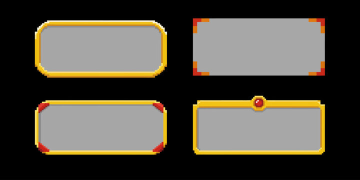 Golden pixel art frame set for game interface design with grey background panels and decorative red corner embellishments.