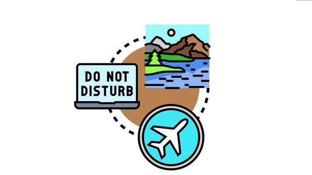Illustration displaying the concept of calm focus, connecting a natural landscape with a laptop showing do not disturb and an airplane mode icon
