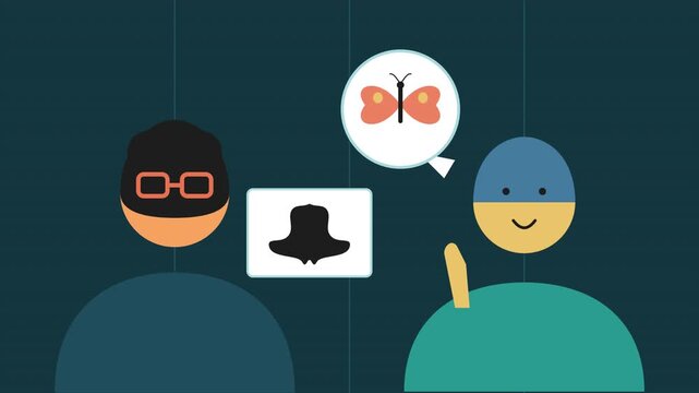 job interview with interviewer colored cartoon flat teal style rorschach test psychological evaluation applicant seeing butterfly hd