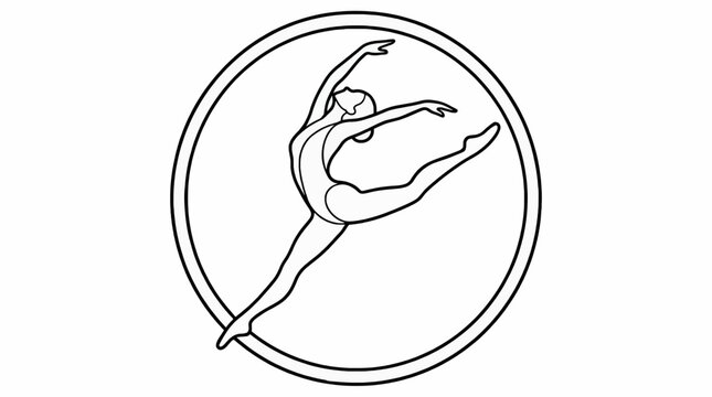 Minimalist line art illustration of a ballet dancer in a dynamic pose within a circle, isolated on white.