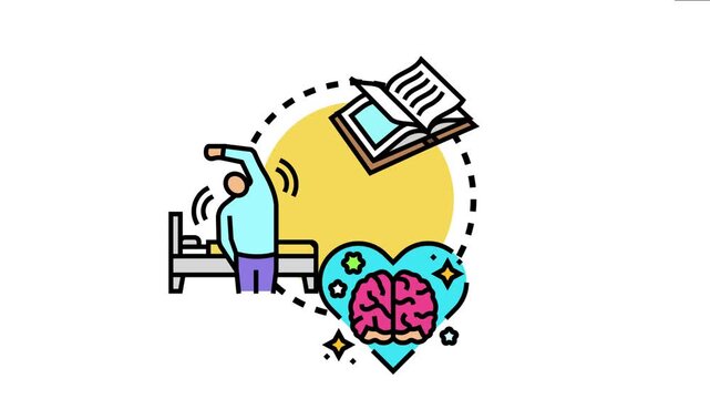 Person stretching after waking up, reading a book, representing wellness activities leading to a balanced mind and body, fostering emotional stability and mental clarity