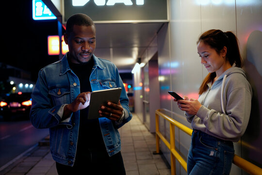African American young man using tablet while Asian young woman checking smartphone at transit stop, illustrating mobile connectivity and urban communication for tech marketing