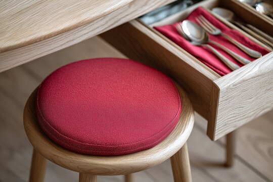 Close-up of a wooden chair with a soft red cushion next to a drawer table with neatly arranged cutlery - cozy and modern interior of a kitchen or dining room.