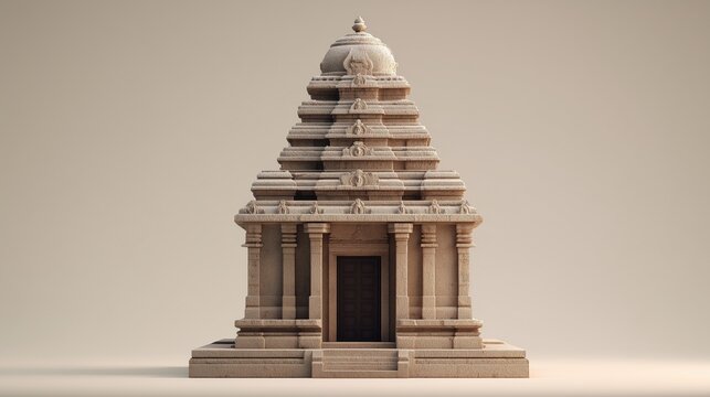  3D model of compact Dravida style Hindu temple featuring stepped pyramidal vimana, intricate stone lattice work and classical proportions in pale sandstone.