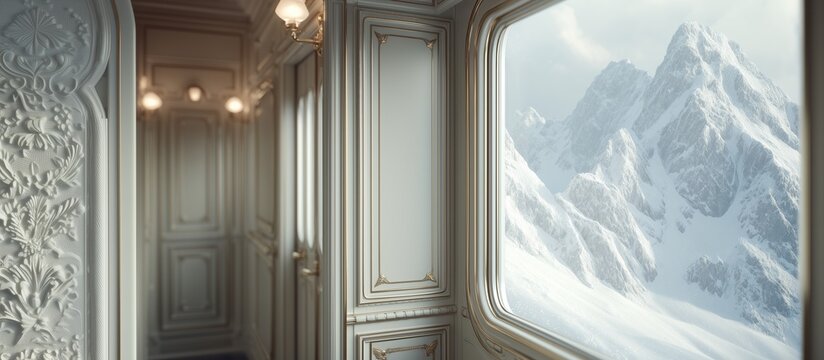 The interior of a luxurious train carriage with white stucco molding and gold decor. A corridor with warm lighting from wall sconces. A view from a large window of snow‑capped mountain peaks.