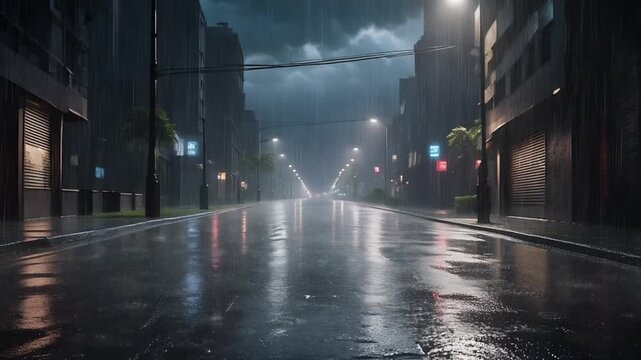 Empty city street at night during a heavy rainstorm with reflections on the wet asphalt.