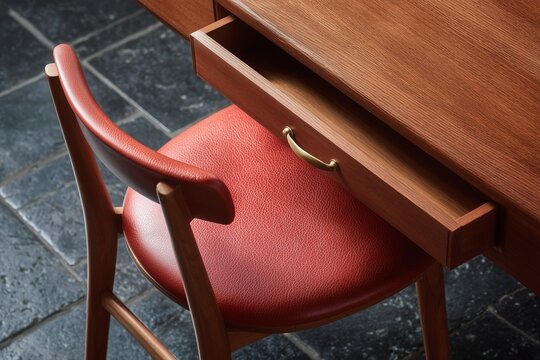 Top view of a wooden table with an open drawer and a red leather chair, highlighting the textures of the materials and the neatness of the composition.