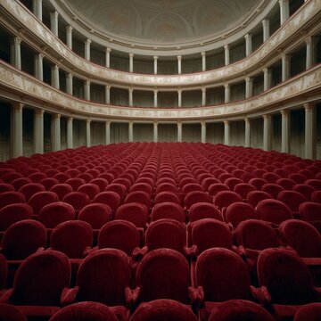 A large opera hall with many red chairs and balconies, emphasizing the scale and architecture of the space.