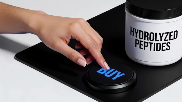 Close-up of a woman's hand pressing a retail BUY button next to a large plastic tub of hydrolyzed peptides powder. Instant online purchase and choosing the right premium collagen supplement concept