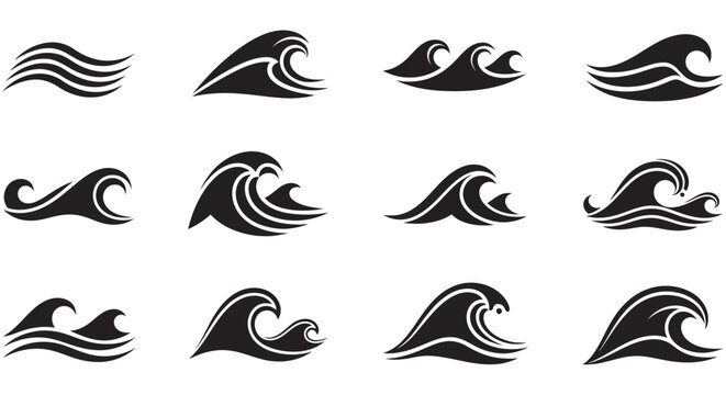 Wave Shapes Collection Black Silhouette Vector Illustrations On White Background