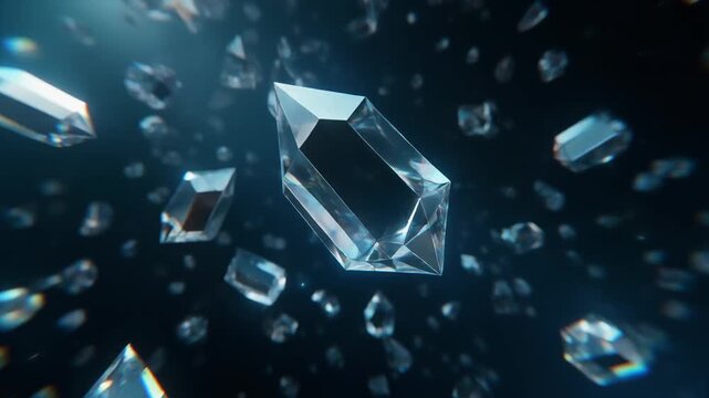 Abstract Crystal Shards Floating in Dark Space, Geometric Gems, Diamond Fragments, Futuristic Sci-Fi Concept