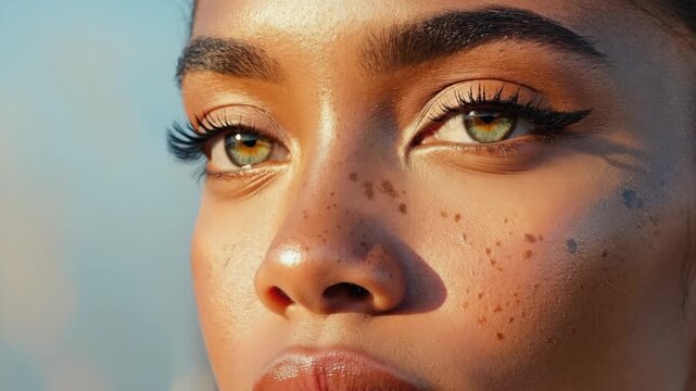 Close-up of a woman with freckles and striking eyes.
