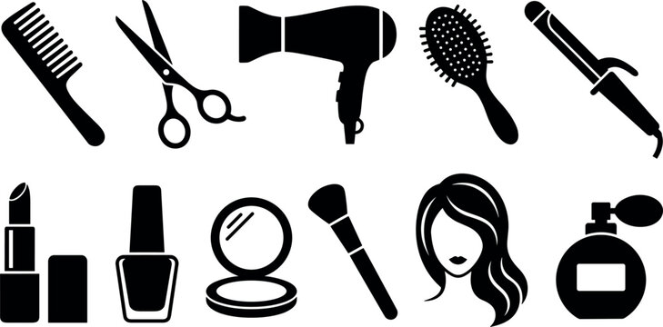 Beauty salon and cosmetics glyph icon set featuring hair styling tools scissors makeup products and female silhouette vector illustrations for fashion branding design