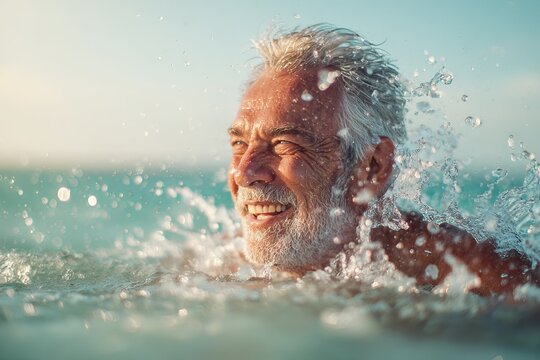 Cheerful elderly man with gray hair enjoying refreshing ocean water while splashing during a sunny summer vacation at the beach