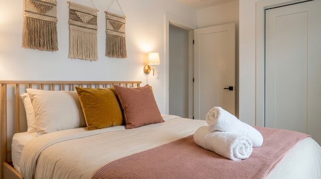 Cozy bedroom with neatly made bed and decorative wall hangings.
