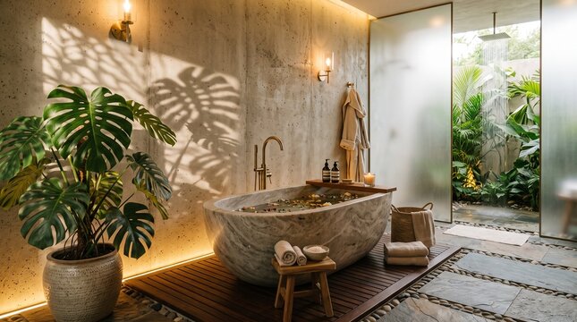 luxury bathroom design modern tropical bathroom spa bathroom interior stone bathtub marble soaking tub freestanding tub concrete wall bathroom indoor tropical plants
