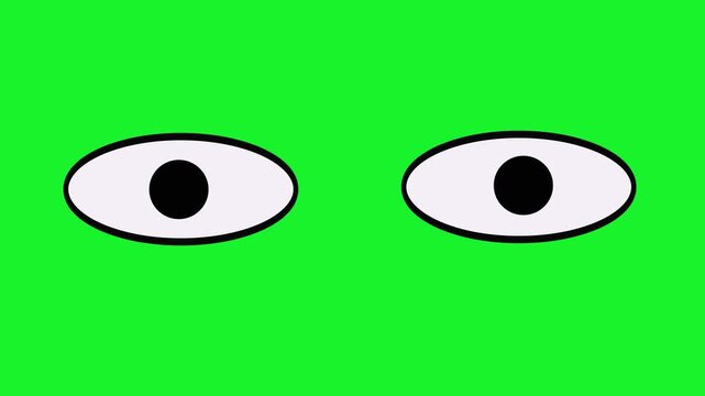 Animated cartoon eyes blinking and looking left and right on a green screen. Ideal for character animation or search concepts.