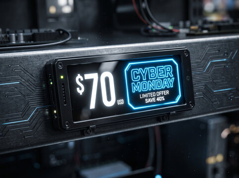Cyber monday electronics sale display with limited time offer for 70 and 40 savings