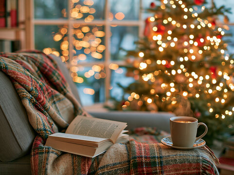 Cozy armchair with plaid blanket open book and hot steaming cup near decorated christmas tree