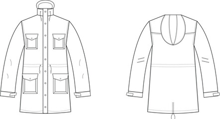 Professional technical flat sketch of a hooded utility jacket front and back view © MstMukchina