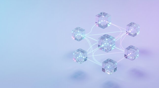 blockchain network digital currency crypto technology decentralized system data security cyber security network connection futuristic tech virtual blocks cube structure glass cubes