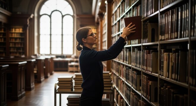 Woman retrieving book from library shelf in a classic library