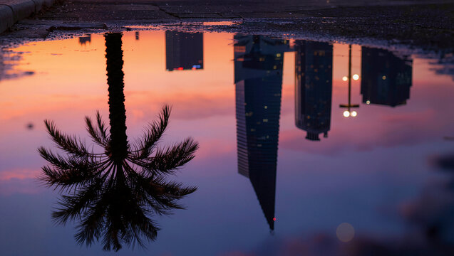 Palm tree & city skyline reflection in puddle at sunset
