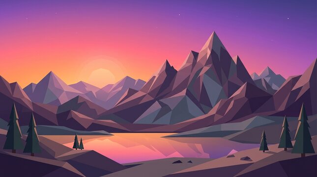 mountain landscape polygon art low poly mountains sunset landscape vector mountains geometric landscape digital wallpaper nature scene mountain lake sunset vector pine trees