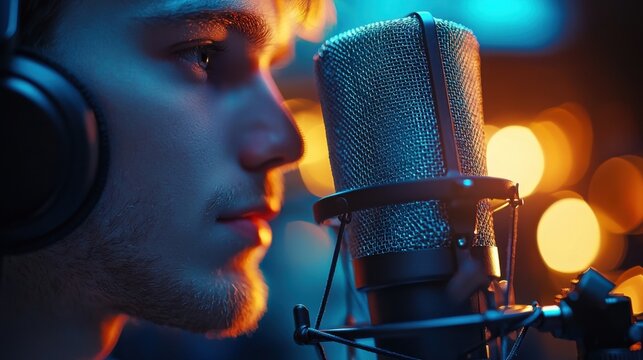 Close-up of a young male singer recording in a professional studio with headphones and a large condenser microphone illuminated by warm and cool lighting effects
