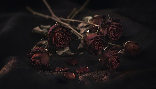Abstract autumn gothic background featuring dried dark burgundy roses arranged on a black line
