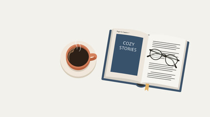 Naklejka premium Coffee Cup Notebook Glasses Workspace Essentials.