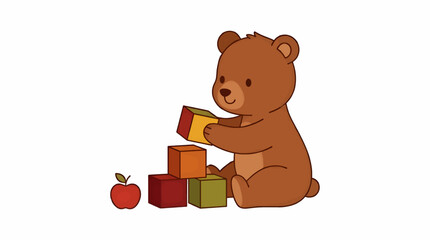 Fototapeta premium Cute cartoon bear cub stacking colorful toy blocks, with an apple nearby, isolated on white background