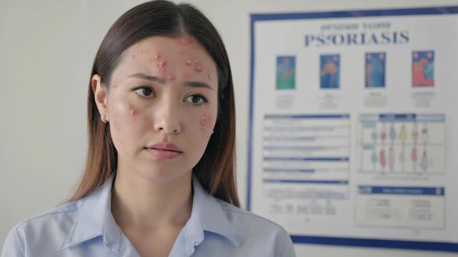 Young woman with psoriasis looking down, indoor setting, informational poster in background.