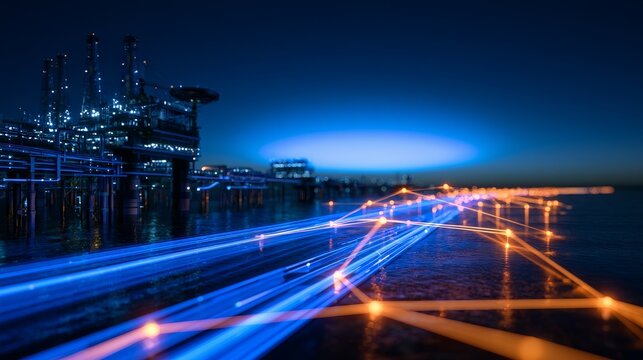 Oil rig platform connecting data lines at night