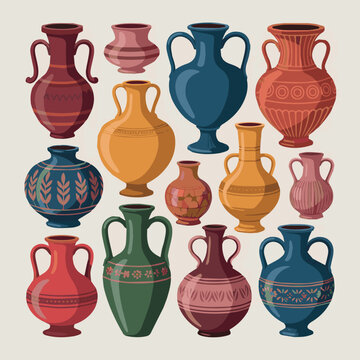vase colorful set, vase vector collection, diverse vase designs, ancient, ceramic, potter, amphora, . Ideal for interior design, art decor, elegant visuals on white Background