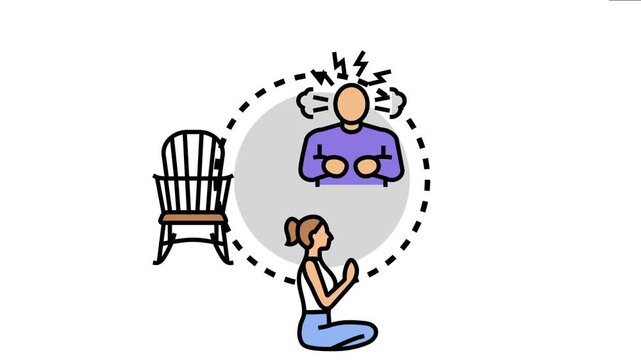 Calming the mind and body. This visual concept shows a person experiencing stress surrounded by imagery representing relaxation methods like meditation and a comfortable rocking chair