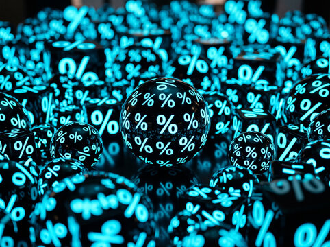 Glowing percentage symbols on spheres highlight financial growth and discounts