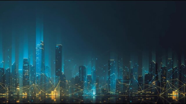 Smart digital city with connection cyber security network reciprocity over the twilight cityscape.future wireless digital city and social media networking systems that connects people within the city