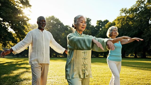 Three seniors are practicing tai chi in a park. They raise their arms as they follow the movements beneath the sun. It is a warm morning and green trees surround them
